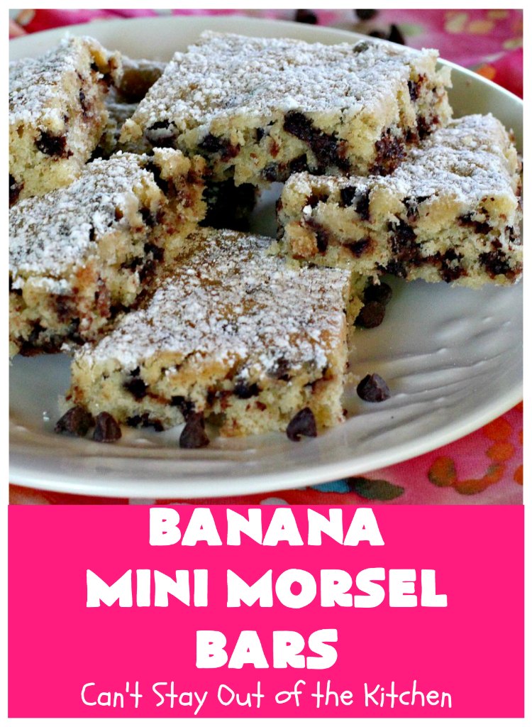 Banana Mini Morsel Bars | Can't Stay Out of the Kitchen | these lovely #cookies feature miniature #ChocolateChips & #bananas. They're so easy to whip up. Plus they're terrific for #tailgating parties, potlucks, backyard BBQs or anytime you need to whip up a quick #dessert. #BananaDessert #ChocolateDessert #chocolate #BananaMiniMorselBars