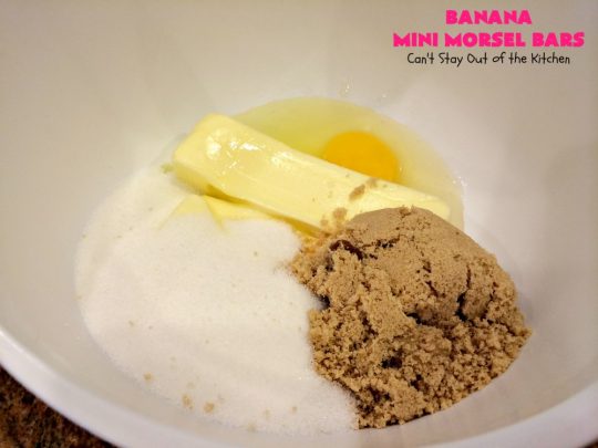 Banana Mini Morsel Bars | Can't Stay Out of the Kitchen | these lovely #cookies feature miniature #ChocolateChips & #bananas. They're so easy to whip up. Plus they're terrific for #tailgating parties, potlucks, backyard BBQs or anytime you need to whip up a quick #dessert. #BananaDessert #ChocolateDessert #chocolate #BananaMiniMorselBars