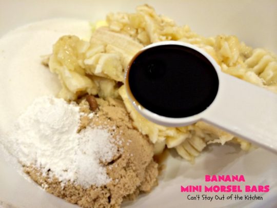Banana Mini Morsel Bars | Can't Stay Out of the Kitchen | these lovely #cookies feature miniature #ChocolateChips & #bananas. They're so easy to whip up. Plus they're terrific for #tailgating parties, potlucks, backyard BBQs or anytime you need to whip up a quick #dessert. #BananaDessert #ChocolateDessert #chocolate #BananaMiniMorselBars