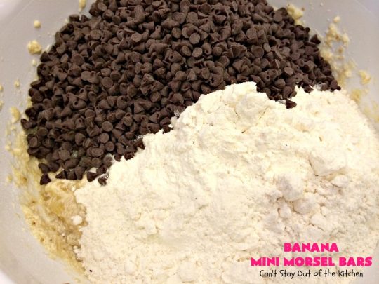 Banana Mini Morsel Bars | Can't Stay Out of the Kitchen | these lovely #cookies feature miniature #ChocolateChips & #bananas. They're so easy to whip up. Plus they're terrific for #tailgating parties, potlucks, backyard BBQs or anytime you need to whip up a quick #dessert. #BananaDessert #ChocolateDessert #chocolate #BananaMiniMorselBars