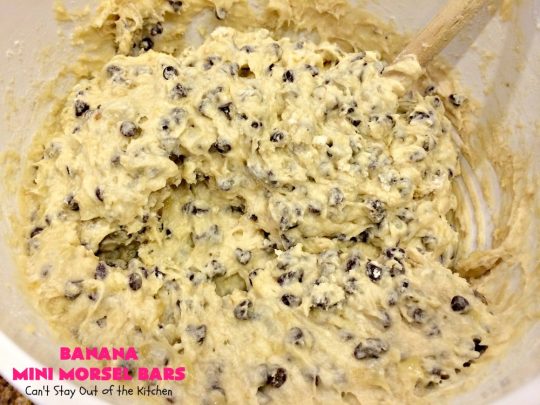 Banana Mini Morsel Bars | Can't Stay Out of the Kitchen | these lovely #cookies feature miniature #ChocolateChips & #bananas. They're so easy to whip up. Plus they're terrific for #tailgating parties, potlucks, backyard BBQs or anytime you need to whip up a quick #dessert. #BananaDessert #ChocolateDessert #chocolate #BananaMiniMorselBars