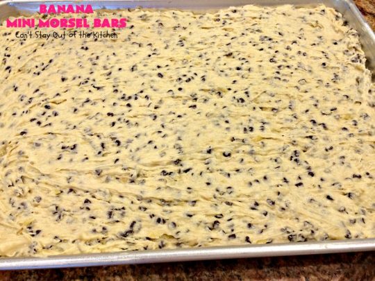 Banana Mini Morsel Bars | Can't Stay Out of the Kitchen | these lovely #cookies feature miniature #ChocolateChips & #bananas. They're so easy to whip up. Plus they're terrific for #tailgating parties, potlucks, backyard BBQs or anytime you need to whip up a quick #dessert. #BananaDessert #ChocolateDessert #chocolate #BananaMiniMorselBars