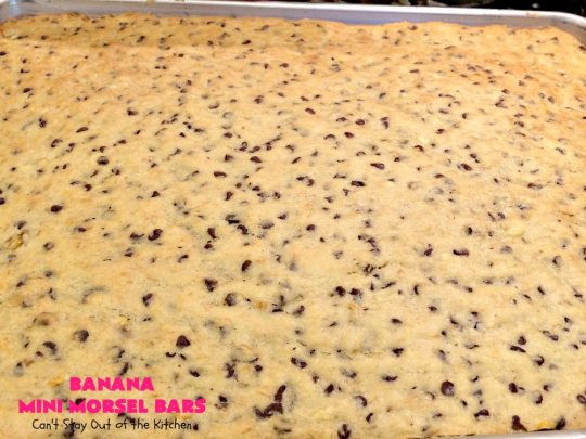 Banana Mini Morsel Bars | Can't Stay Out of the Kitchen | these lovely #cookies feature miniature #ChocolateChips & #bananas. They're so easy to whip up. Plus they're terrific for #tailgating parties, potlucks, backyard BBQs or anytime you need to whip up a quick #dessert. #BananaDessert #ChocolateDessert #chocolate #BananaMiniMorselBars
