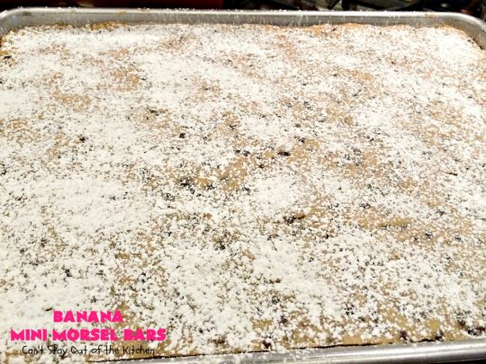 Banana Mini Morsel Bars | Can't Stay Out of the Kitchen | these lovely #cookies feature miniature #ChocolateChips & #bananas. They're so easy to whip up. Plus they're terrific for #tailgating parties, potlucks, backyard BBQs or anytime you need to whip up a quick #dessert. #BananaDessert #ChocolateDessert #chocolate #BananaMiniMorselBars