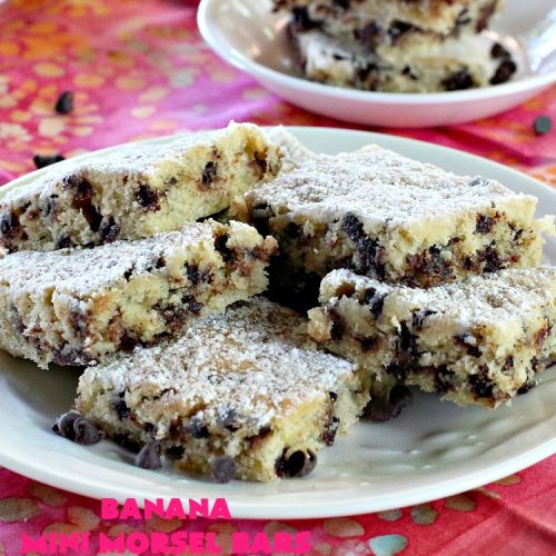 Banana Mini Morsel Bars | Can't Stay Out of the Kitchen | these lovely #cookies feature miniature #ChocolateChips & #bananas. They're so easy to whip up. Plus they're terrific for #tailgating parties, potlucks, backyard BBQs or anytime you need to whip up a quick #dessert. #BananaDessert #ChocolateDessert #chocolate #BananaMiniMorselBars