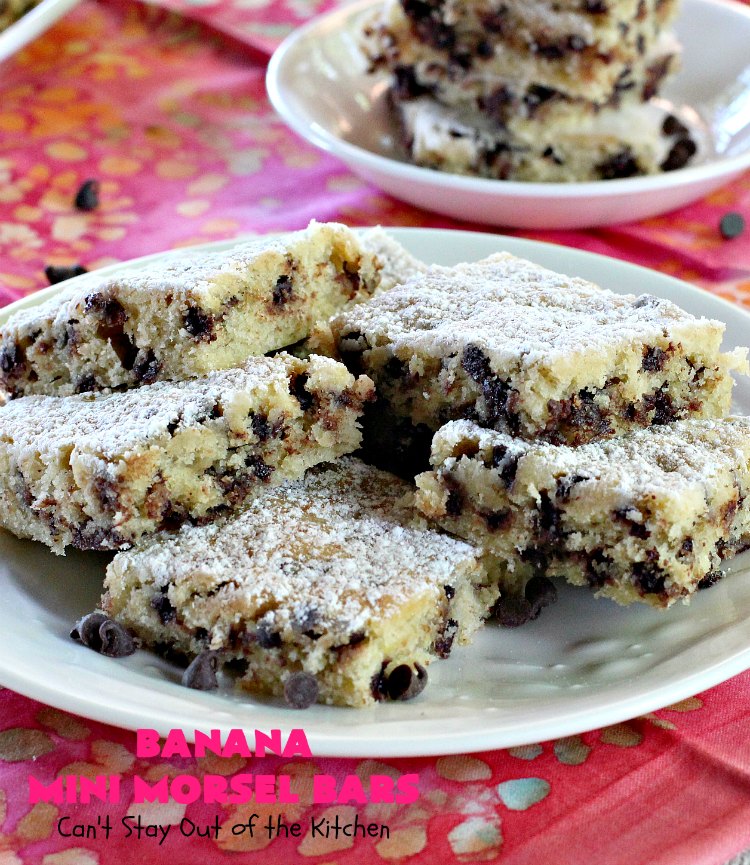 Banana Mini Morsel Bars | Can't Stay Out of the Kitchen | these lovely #cookies feature miniature #ChocolateChips & #bananas. They're so easy to whip up. Plus they're terrific for #tailgating parties, potlucks, backyard BBQs or anytime you need to whip up a quick #dessert. #BananaDessert #ChocolateDessert #chocolate #BananaMiniMorselBars