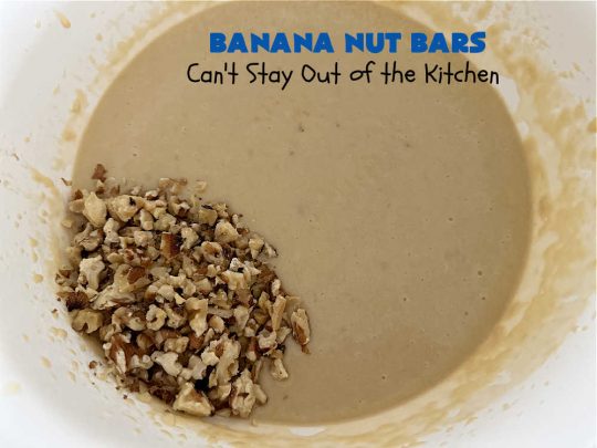 Banana Nut Bars | Can't Stay Out of the Kitchen | Be prepared to swoon over these delectable bar-type #cookies. The #brownie is made with #bananas, #walnuts & #SourCream. The #CreamCheeseIcing includes more #nuts on top. They'll cure every sweet tooth craving. Great for #potlucks, #BackyardBarbecues or anytime you have an abundance of #OverripeBananas! #dessert #BananaDessert #BananaNutBars
