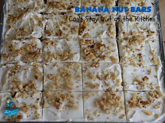 Banana Nut Bars | Can't Stay Out of the Kitchen | Be prepared to swoon over these delectable bar-type #cookies. The #brownie is made with #bananas, #walnuts & #SourCream. The #CreamCheeseIcing includes more #nuts on top. They'll cure every sweet tooth craving. Great for #potlucks, #BackyardBarbecues or anytime you have an abundance of #OverripeBananas! #dessert #BananaDessert #BananaNutBars