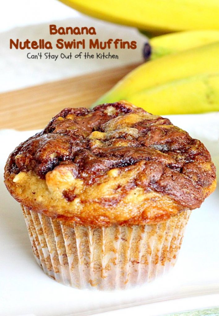 Banana Nutella Swirl Muffins | Can't Stay Out of the Kitchen | these #muffins are divine! You won't be able to stop eating them. Great for a #holiday #breakfast, too. #bananas #almonds #nutella