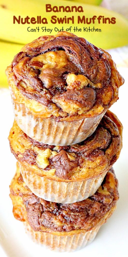 Banana Nutella Swirl Muffins | Can't Stay Out of the Kitchen | these #muffins are divine! You won't be able to stop eating them. Great for a #holiday #breakfast, too. #bananas #almonds #nutella
