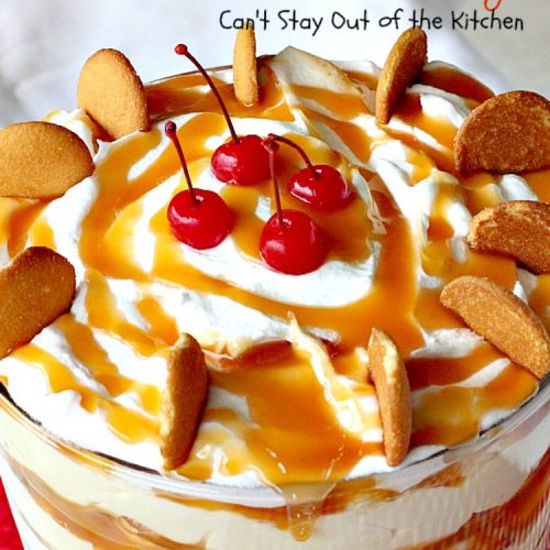 Banana Pudding | Can't Stay Out of the Kitchen | BEST #BananaPudding ever! This one has #caramelsauce squirted over each amazing layer making it rich, decadent and utterly divine! Great #dessert for summer #holidays. #bananas