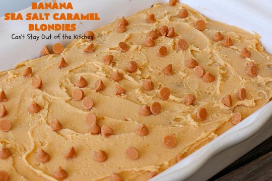 Banana Sea Salt Caramel Blondies | Can't Stay Out of the Kitchen | these amazing #brownies have triple the #caramel flavor with caramel chips in the cookie, icing and caramel sauce drizzled over top! Perfect #dessert for potlucks, #tailgating parties, summer #holiday fun or backyard #BBQs. #cookies #bananas
