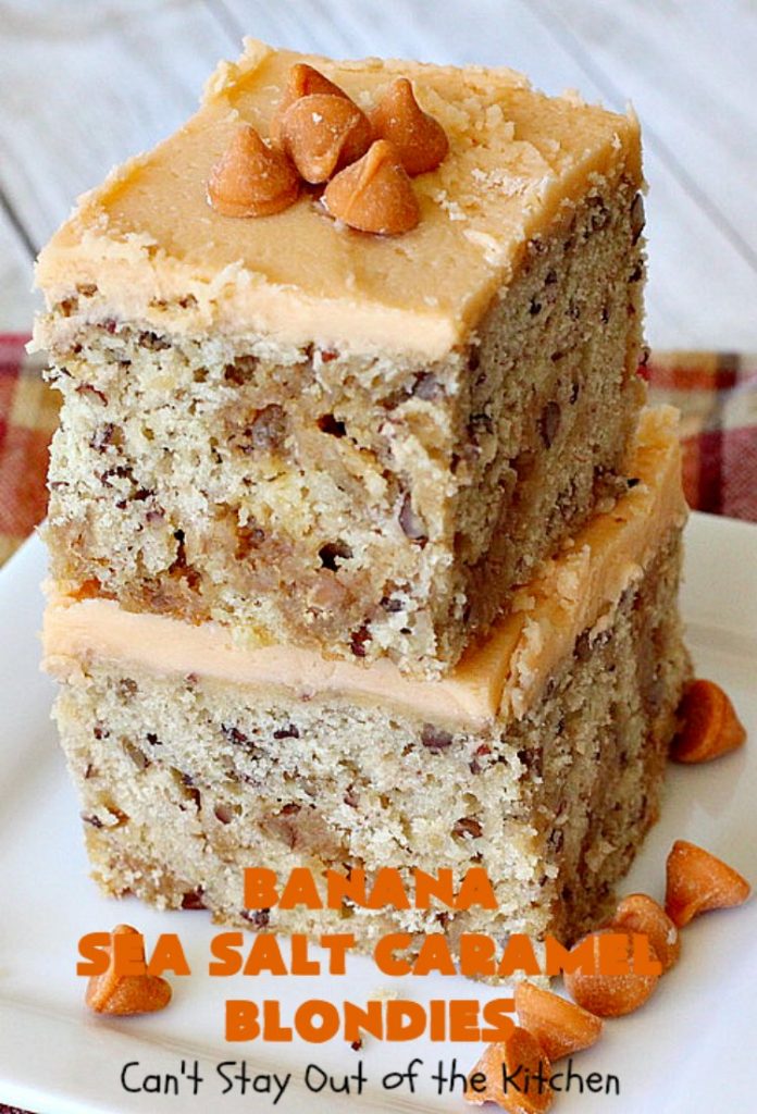 Banana Sea Salt Caramel Blondies | Can't Stay Out of the Kitchen | these amazing #brownies have triple the #caramel flavor with caramel chips in the cookie, icing and caramel sauce drizzled over top! Perfect #dessert for potlucks, #tailgating parties, summer #holiday fun or backyard #BBQs. #cookies #bananas