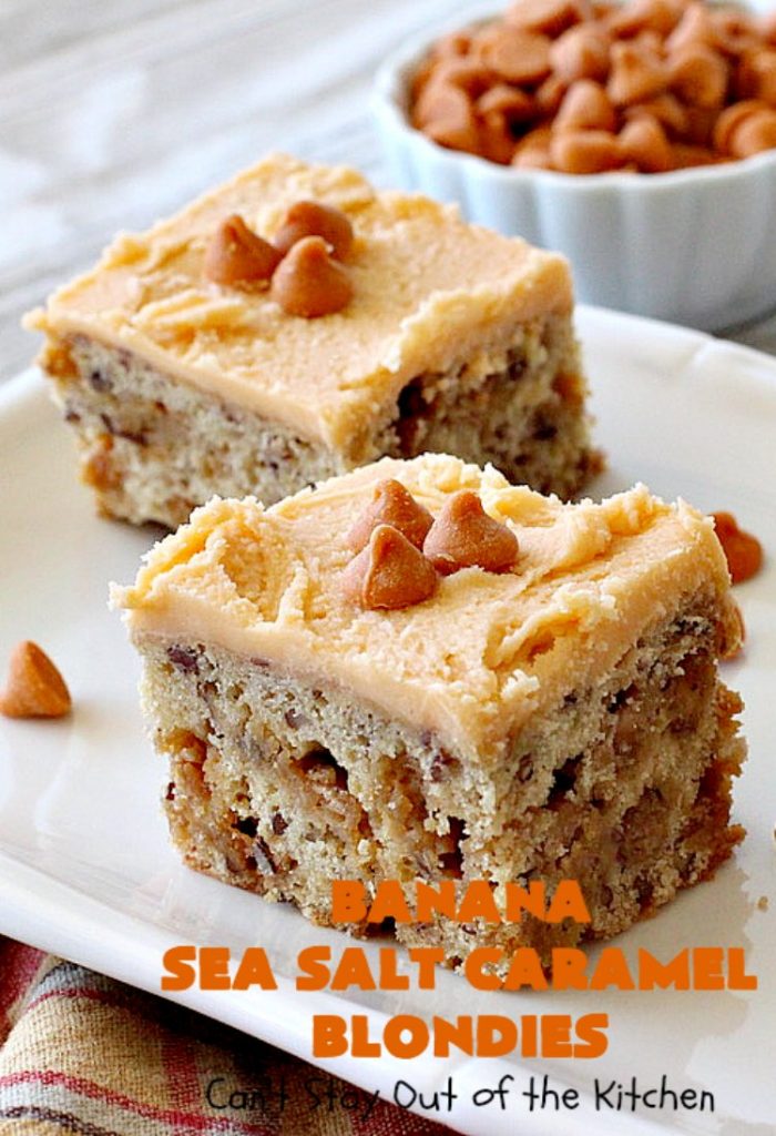 Banana Sea Salt Caramel Blondies | Can't Stay Out of the Kitchen | these amazing #brownies have triple the #caramel flavor with caramel chips in the cookie, icing and caramel sauce drizzled over top! Perfect #dessert for potlucks, #tailgating parties, summer #holiday fun or backyard #BBQs. #cookies #bananas