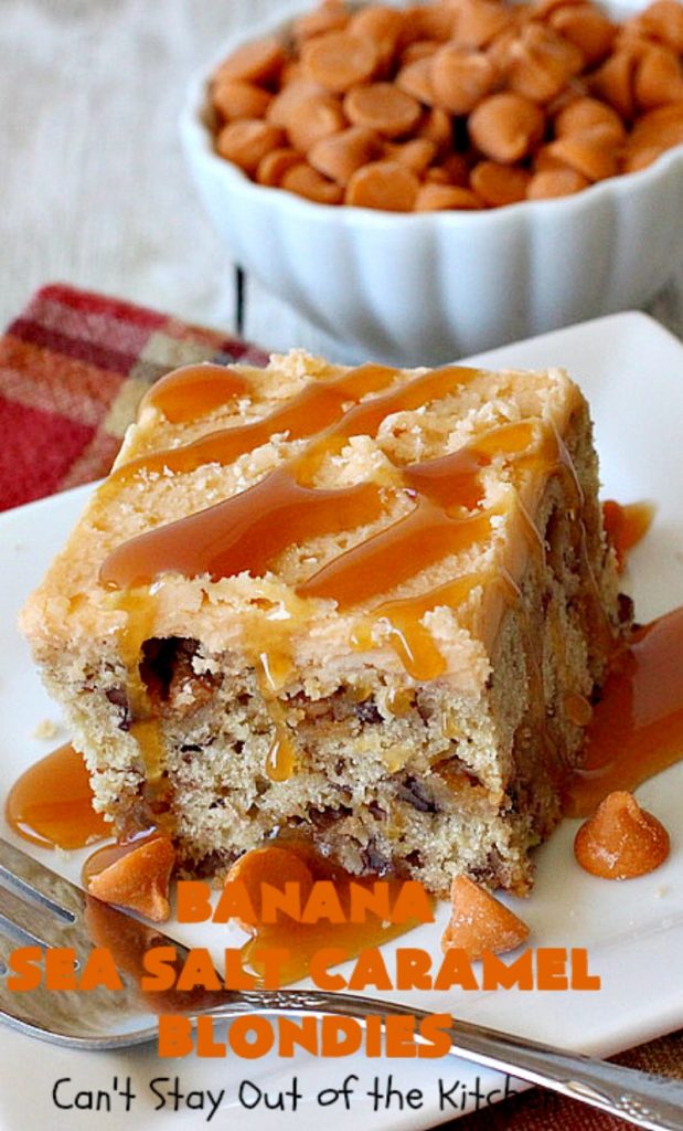 Banana Sea Salt Caramel Blondies | Can't Stay Out of the Kitchen | these amazing #brownies have triple the #caramel flavor with caramel chips in the cookie, icing and caramel sauce drizzled over top! Perfect #dessert for potlucks, #tailgating parties, summer #holiday fun or backyard #BBQs. #cookies #bananas