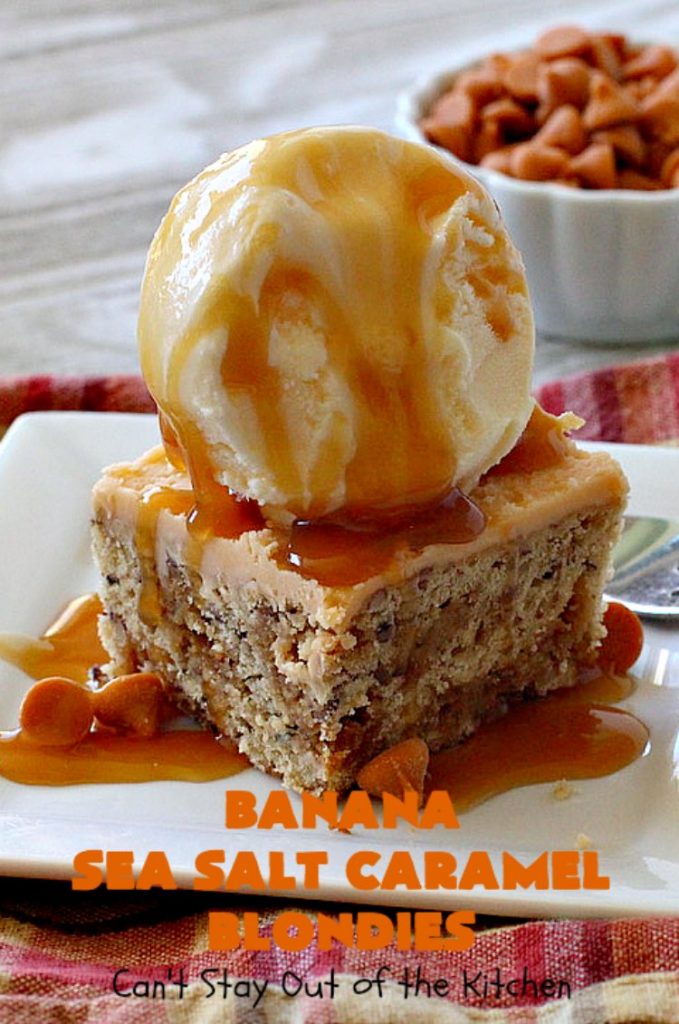 Banana Sea Salt Caramel Blondies | Can't Stay Out of the Kitchen | these amazing #brownies have triple the #caramel flavor with caramel chips in the cookie, icing and caramel sauce drizzled over top! Perfect #dessert for potlucks, #tailgating parties, summer #holiday fun or backyard #BBQs. #cookies #bananas