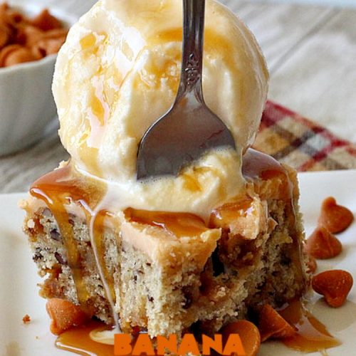 Banana Sea Salt Caramel Blondies | Can't Stay Out of the Kitchen | these amazing #brownies have triple the #caramel flavor with caramel chips in the cookie, icing and caramel sauce drizzled over top! Perfect #dessert for potlucks, #tailgating parties, summer #holiday fun or backyard #BBQs. #cookies #bananas