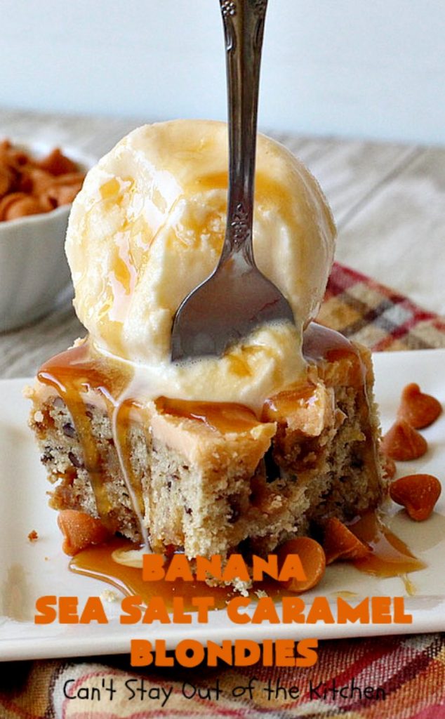 Banana Sea Salt Caramel Blondies | Can't Stay Out of the Kitchen | these amazing #brownies have triple the #caramel flavor with caramel chips in the cookie, icing and caramel sauce drizzled over top! Perfect #dessert for potlucks, #tailgating parties, summer #holiday fun or backyard #BBQs. #cookies #bananas