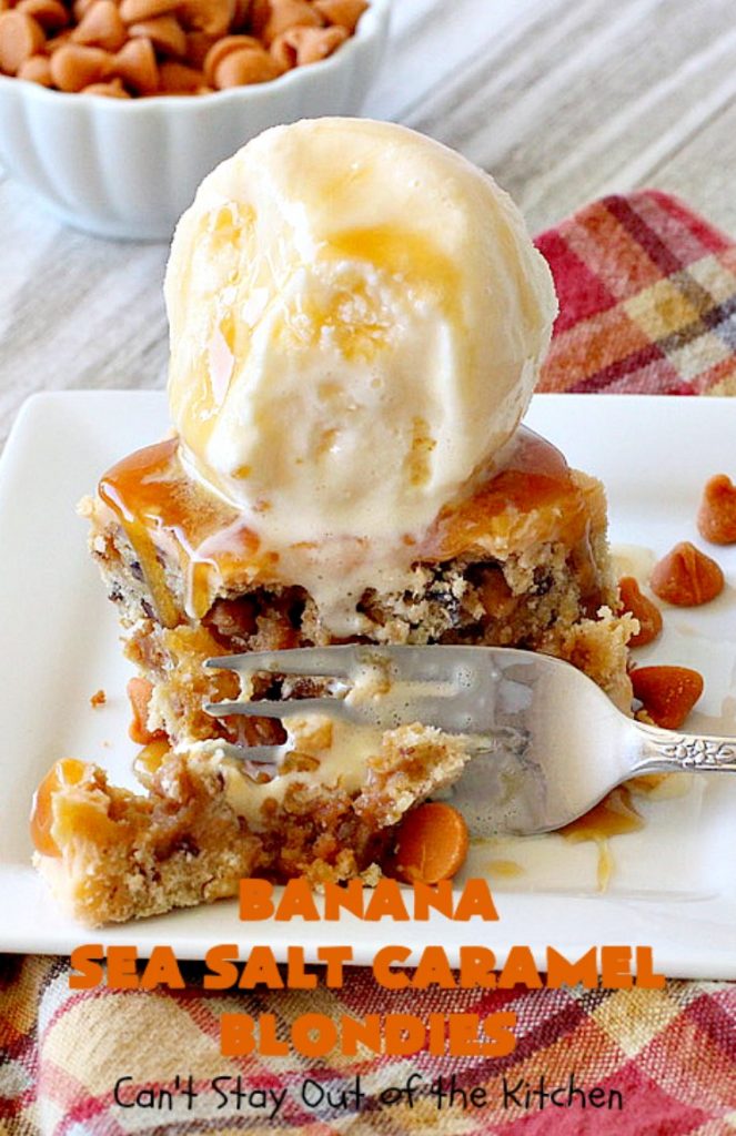 Banana Sea Salt Caramel Blondies | Can't Stay Out of the Kitchen | these amazing #brownies have triple the #caramel flavor with caramel chips in the cookie, icing and caramel sauce drizzled over top! Perfect #dessert for potlucks, #tailgating parties, summer #holiday fun or backyard #BBQs. #cookies #bananas