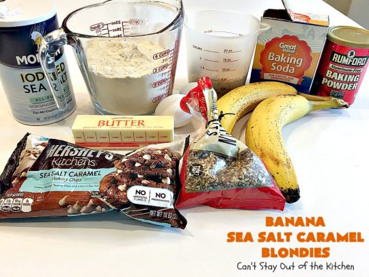 Banana Sea Salt Caramel Blondies | Can't Stay Out of the Kitchen | these amazing #brownies have triple the #caramel flavor with caramel chips in the cookie, icing and caramel sauce drizzled over top! Perfect #dessert for potlucks, #tailgating parties, summer #holiday fun or backyard #BBQs. #cookies #bananas