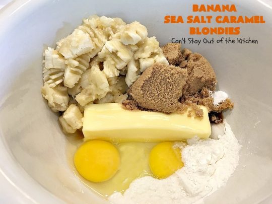 Banana Sea Salt Caramel Blondies | Can't Stay Out of the Kitchen | these amazing #brownies have triple the #caramel flavor with caramel chips in the cookie, icing and caramel sauce drizzled over top! Perfect #dessert for potlucks, #tailgating parties, summer #holiday fun or backyard #BBQs. #cookies #bananas