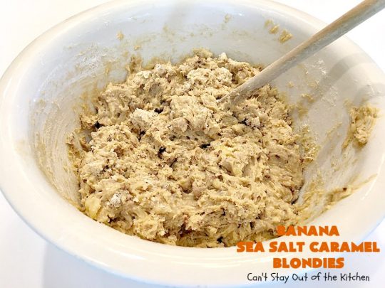 Banana Sea Salt Caramel Blondies | Can't Stay Out of the Kitchen | these amazing #brownies have triple the #caramel flavor with caramel chips in the cookie, icing and caramel sauce drizzled over top! Perfect #dessert for potlucks, #tailgating parties, summer #holiday fun or backyard #BBQs. #cookies #bananas