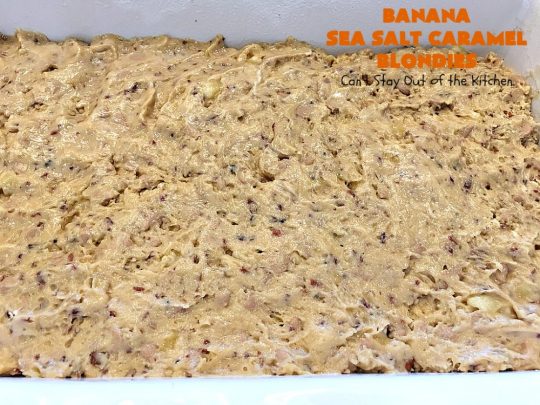 Banana Sea Salt Caramel Blondies | Can't Stay Out of the Kitchen | these amazing #brownies have triple the #caramel flavor with caramel chips in the cookie, icing and caramel sauce drizzled over top! Perfect #dessert for potlucks, #tailgating parties, summer #holiday fun or backyard #BBQs. #cookies #bananas