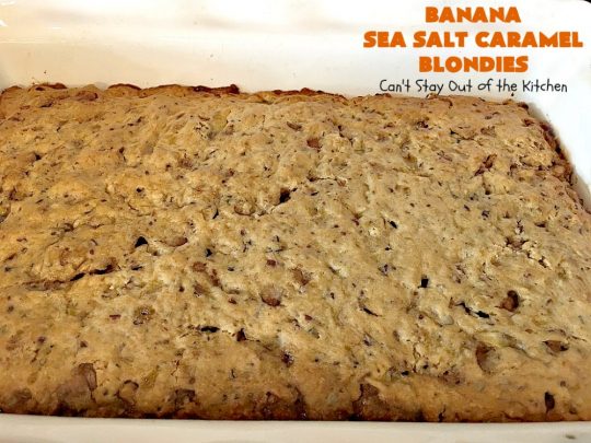 Banana Sea Salt Caramel Blondies | Can't Stay Out of the Kitchen | these amazing #brownies have triple the #caramel flavor with caramel chips in the cookie, icing and caramel sauce drizzled over top! Perfect #dessert for potlucks, #tailgating parties, summer #holiday fun or backyard #BBQs. #cookies #bananas