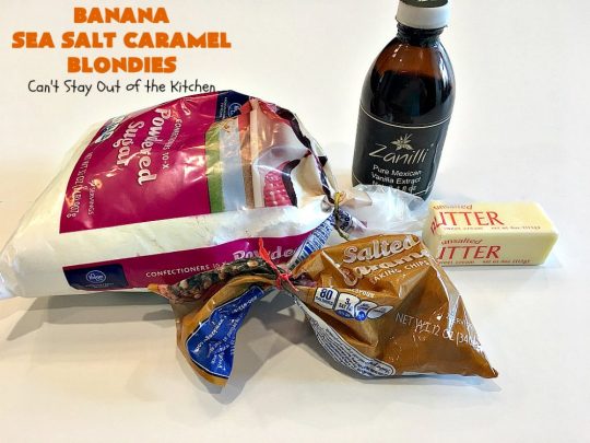 Banana Sea Salt Caramel Blondies | Can't Stay Out of the Kitchen | these amazing #brownies have triple the #caramel flavor with caramel chips in the cookie, icing and caramel sauce drizzled over top! Perfect #dessert for potlucks, #tailgating parties, summer #holiday fun or backyard #BBQs. #cookies #bananas