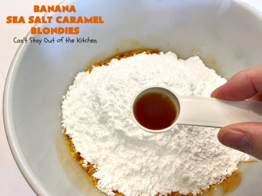 Banana Sea Salt Caramel Blondies | Can't Stay Out of the Kitchen | these amazing #brownies have triple the #caramel flavor with caramel chips in the cookie, icing and caramel sauce drizzled over top! Perfect #dessert for potlucks, #tailgating parties, summer #holiday fun or backyard #BBQs. #cookies #bananas