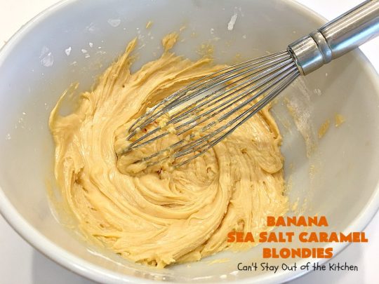 Banana Sea Salt Caramel Blondies | Can't Stay Out of the Kitchen | these amazing #brownies have triple the #caramel flavor with caramel chips in the cookie, icing and caramel sauce drizzled over top! Perfect #dessert for potlucks, #tailgating parties, summer #holiday fun or backyard #BBQs. #cookies #bananas