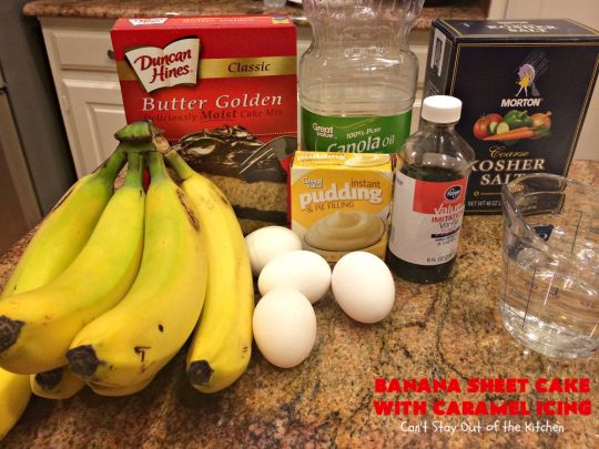 Banana Sheet Cake with Caramel Icing | Can't Stay Out of the Kitchen | this rich, decadent cake has a homemade #caramel icing to die for. The #cake is easy since it starts with a boxed #cakemix. This highly requested #recipe is a family favorite. #bananas #dessert #BananaSheetCake #BananaDessert #CaramelDessert #HolidayDessert