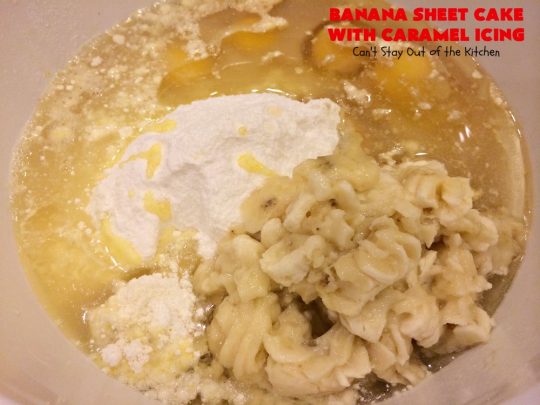 Banana Sheet Cake with Caramel Icing | Can't Stay Out of the Kitchen | this rich, decadent cake has a homemade #caramel icing to die for. The #cake is easy since it starts with a boxed #cakemix. This highly requested #recipe is a family favorite. #bananas #dessert #BananaSheetCake #BananaDessert #CaramelDessert #HolidayDessert