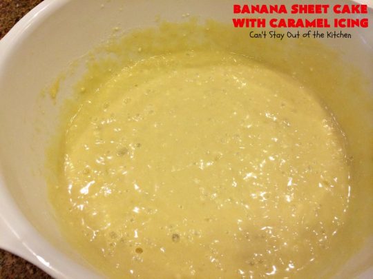 Banana Sheet Cake with Caramel Icing | Can't Stay Out of the Kitchen | this rich, decadent cake has a homemade #caramel icing to die for. The #cake is easy since it starts with a boxed #cakemix. This highly requested #recipe is a family favorite. #bananas #dessert #BananaSheetCake #BananaDessert #CaramelDessert #HolidayDessert