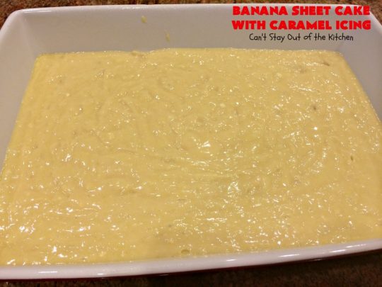 Banana Sheet Cake with Caramel Icing | Can't Stay Out of the Kitchen | this rich, decadent cake has a homemade #caramel icing to die for. The #cake is easy since it starts with a boxed #cakemix. This highly requested #recipe is a family favorite. #bananas #dessert #BananaSheetCake #BananaDessert #CaramelDessert #HolidayDessert