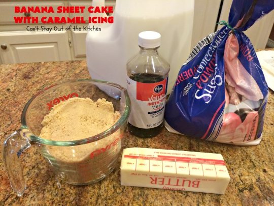 Banana Sheet Cake with Caramel Icing | Can't Stay Out of the Kitchen | this rich, decadent cake has a homemade #caramel icing to die for. The #cake is easy since it starts with a boxed #cakemix. This highly requested #recipe is a family favorite. #bananas #dessert #BananaSheetCake #BananaDessert #CaramelDessert #HolidayDessert