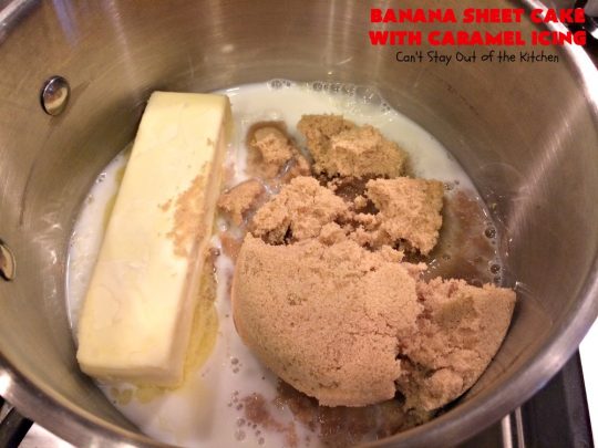 Banana Sheet Cake with Caramel Icing | Can't Stay Out of the Kitchen | this rich, decadent cake has a homemade #caramel icing to die for. The #cake is easy since it starts with a boxed #cakemix. This highly requested #recipe is a family favorite. #bananas #dessert #BananaSheetCake #BananaDessert #CaramelDessert #HolidayDessert