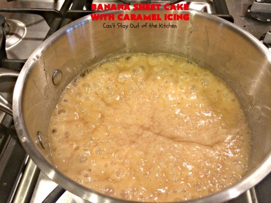 Banana Sheet Cake with Caramel Icing | Can't Stay Out of the Kitchen | this rich, decadent cake has a homemade #caramel icing to die for. The #cake is easy since it starts with a boxed #cakemix. This highly requested #recipe is a family favorite. #bananas #dessert #BananaSheetCake #BananaDessert #CaramelDessert #HolidayDessert