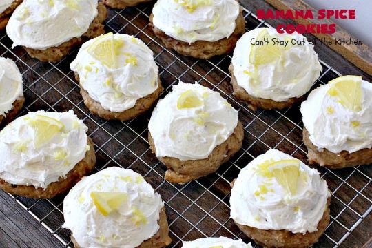 Banana Spice Cookies | Can't Stay Out of the Kitchen | these #cookies are fantastic. The icing is heavenly. Perfect for #MemorialDay or other summer #holidays. Great way to use up #bananas too! #dessert
