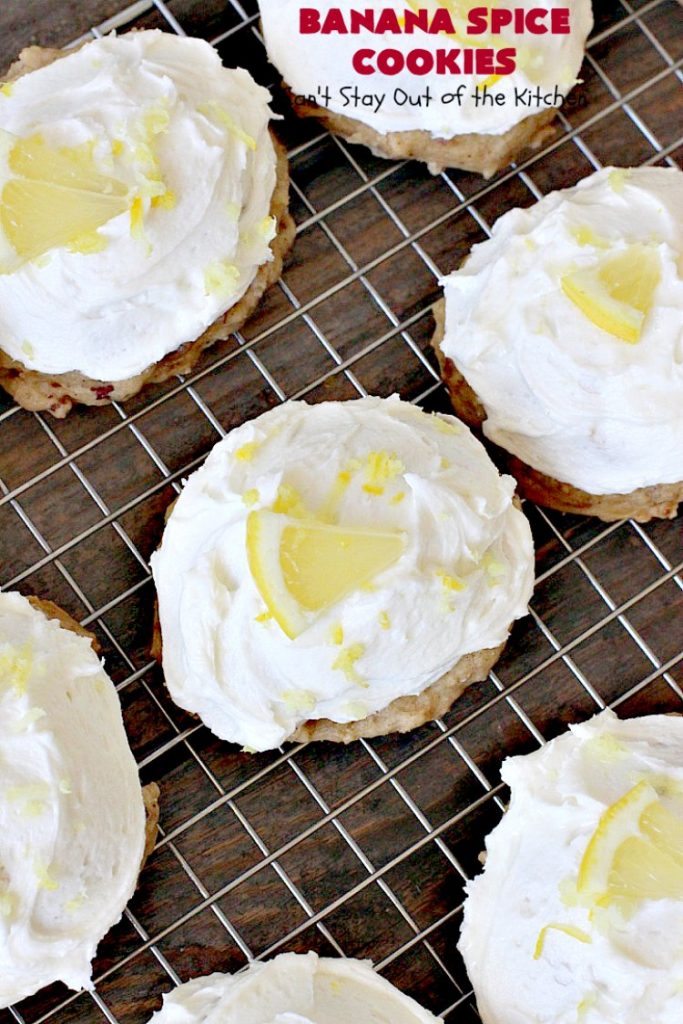 Banana Spice Cookies | Can't Stay Out of the Kitchen | these #cookies are fantastic. The icing is heavenly. Perfect for #MemorialDay or other summer #holidays. Great way to use up #bananas too! #dessert