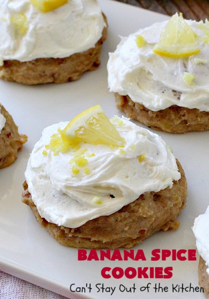 Banana Spice Cookies | Can't Stay Out of the Kitchen | these #cookies are fantastic. The icing is heavenly. Perfect for #MemorialDay or other summer #holidays. Great way to use up #bananas too! #dessert
