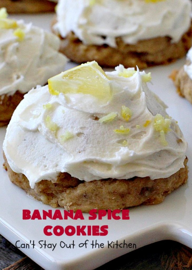 Banana Spice Cookies | Can't Stay Out of the Kitchen | these #cookies are fantastic. The icing is heavenly. Perfect for #MemorialDay or other summer #holidays. Great way to use up #bananas too! #dessert