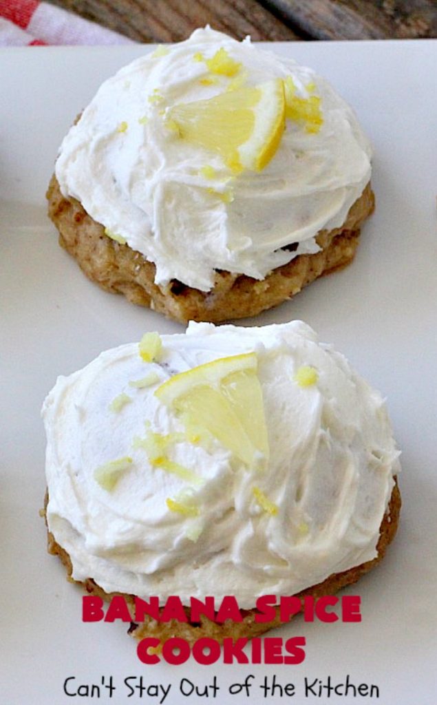 Banana Spice Cookies | Can't Stay Out of the Kitchen | these #cookies are fantastic. The icing is heavenly. Perfect for #MemorialDay or other summer #holidays. Great way to use up #bananas too! #dessert