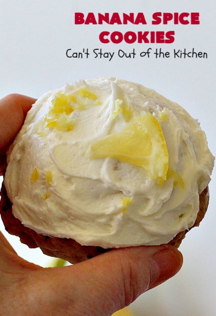 Banana Spice Cookies | Can't Stay Out of the Kitchen | these #cookies are fantastic. The icing is heavenly. Perfect for #MemorialDay or other summer #holidays. Great way to use up #bananas too! #dessert