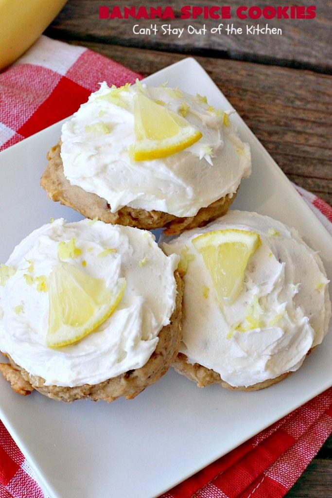 Banana Spice Cookies | Can't Stay Out of the Kitchen | these #cookies are fantastic. The icing is heavenly. Perfect for #MemorialDay or other summer #holidays. Great way to use up #bananas too! #dessert