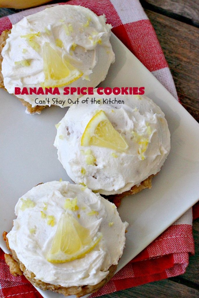 Banana Spice Cookies | Can't Stay Out of the Kitchen | these #cookies are fantastic. The icing is heavenly. Perfect for #MemorialDay or other summer #holidays. Great way to use up #bananas too! #dessert