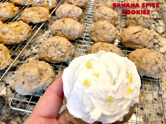Banana Spice Cookies | Can't Stay Out of the Kitchen | these #cookies are fantastic. The icing is heavenly. Perfect for #MemorialDay or other summer #holidays. Great way to use up #bananas too! #dessert
