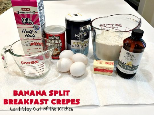 Banana Split Breakfast Crêpes | Can't Stay Out of the Kitchen | these spectacular #breakfast #crêpes will rock your world! They're filling with a #pineapple filling & sliced #bananas. Then garnished with #walnuts, bananas #MaraschinoCherries & whipped cream. Perfect for a company or #holiday breakfast. #BreakfastCrêpes #BananaSplit #BananaSplitBreakfastCrêpes