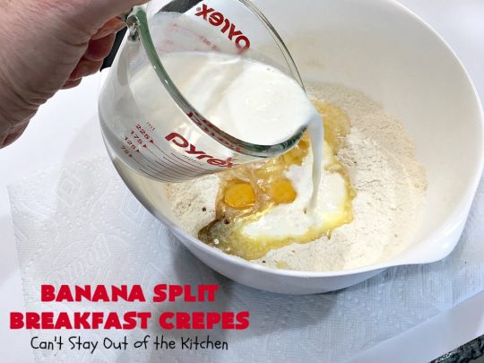 Banana Split Breakfast Crêpes | Can't Stay Out of the Kitchen | these spectacular #breakfast #crêpes will rock your world! They're filling with a #pineapple filling & sliced #bananas. Then garnished with #walnuts, bananas #MaraschinoCherries & whipped cream. Perfect for a company or #holiday breakfast. #BreakfastCrêpes #BananaSplit #BananaSplitBreakfastCrêpes