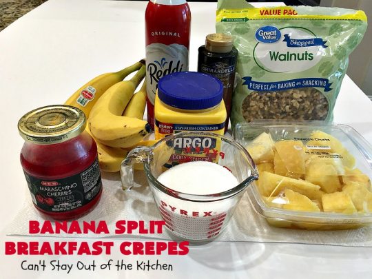 Banana Split Breakfast Crêpes | Can't Stay Out of the Kitchen | these spectacular #breakfast #crêpes will rock your world! They're filling with a #pineapple filling & sliced #bananas. Then garnished with #walnuts, bananas #MaraschinoCherries & whipped cream. Perfect for a company or #holiday breakfast. #BreakfastCrêpes #BananaSplit #BananaSplitBreakfastCrêpes
